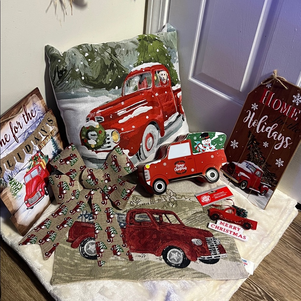🔴 CLEARANCE BUNDLE OF 7 RED TRUCK CHRISTMAS HOLIDAY PILLOW ORNAMENT PLACEMAT